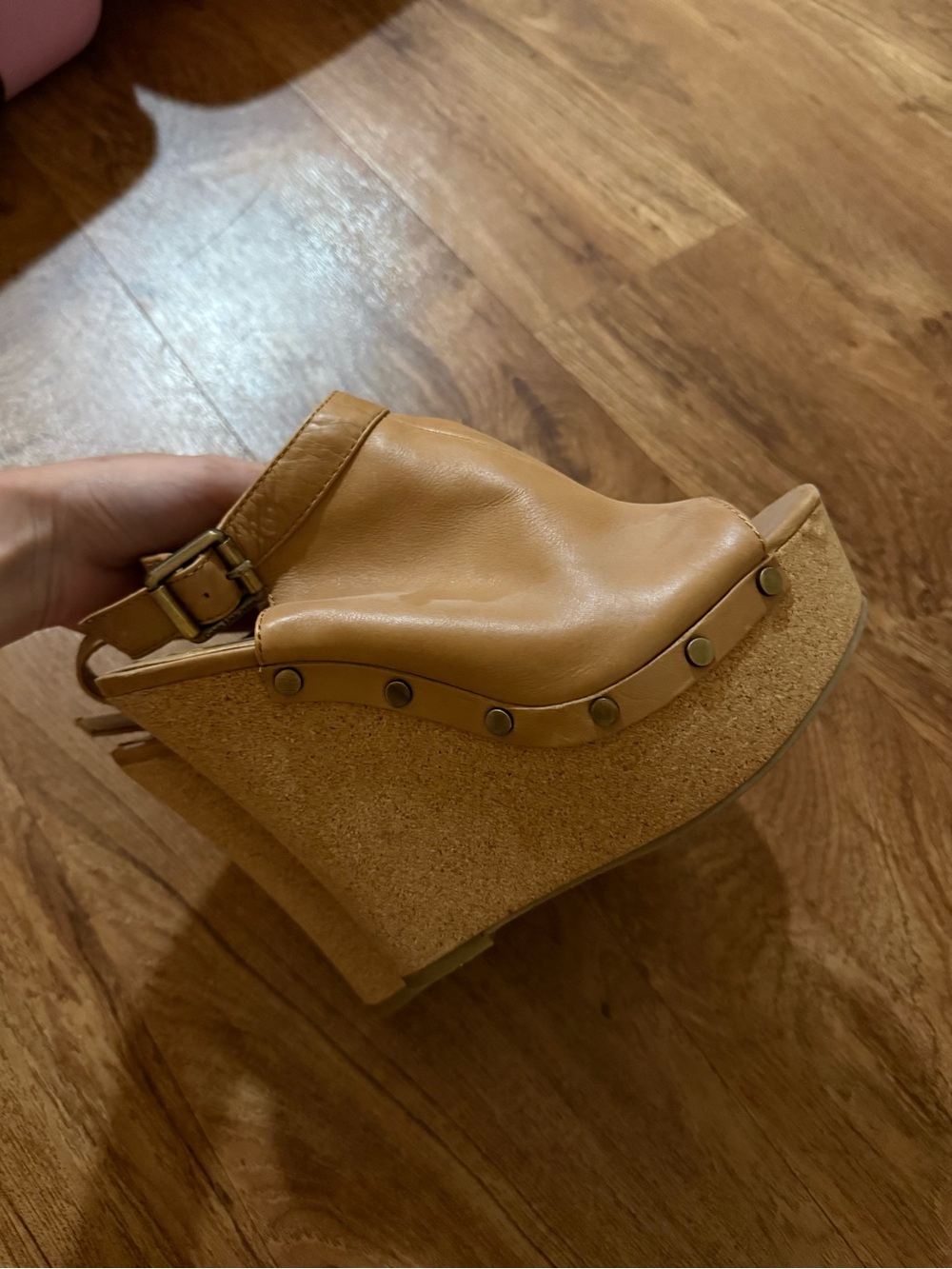 Calvin Klein Tan Cork Wedge Mules with Stud Trim
